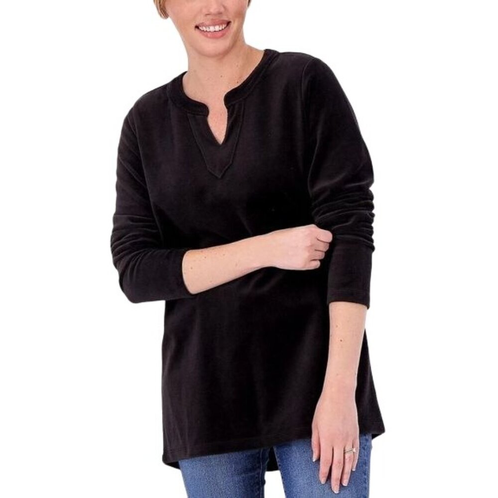 Denim and Co Regular Velour Split Banded V Neck Hi Low Tunic Women XXS Black NEW